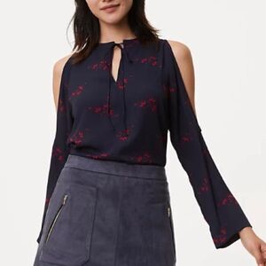 Loft Navy Blue Red Leaf Print Tie Neck Cold Shoulder Long Sleeve Top Medium